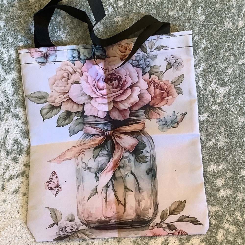 Floral Bouquet Mason Jar Butterflies Shabby Chic Polycanvas Tote Bag NWT 14x16 - Picture 13 of 13